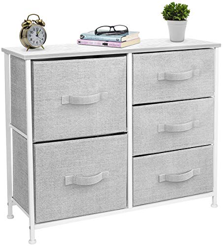Sorbus Dresser with 5 Drawers – Furniture Storage Tower Unit for Bedroom, Hallway, Closet, Office Organization – Steel Frame, Wood Top, Easy Pull Fabric Bins (White/Gray)