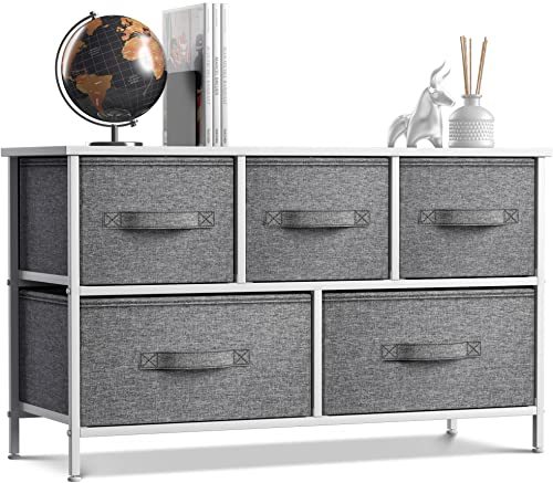 Sorbus Dresser with 5 Drawers – Storage Chest Organizer Unit with Steel Frame, Wood Top, Easy Pull Fabric Bins – Long Wide TV Stand for Bedroom Furniture, Hallway, Closet & Office Organization