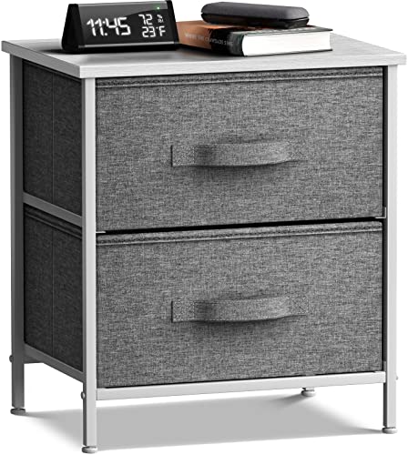 Sorbus Nightstand with 2 Drawers – Bedside Furniture End Table Night Stand – Steel Frame, Wood Top & Easy Pull Modern Print Fabric Bins – Small Dresser & Chest for Home, Bedroom Accessories & Office