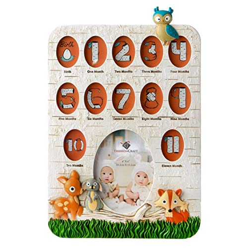 FASHIONCRAFT Woodland Animals Baby’s First Year Collage Photo Frame – Polyresin – Handpainted – 13 Openings – Gender Neutral for Boys and Girls – Baby Room Décor