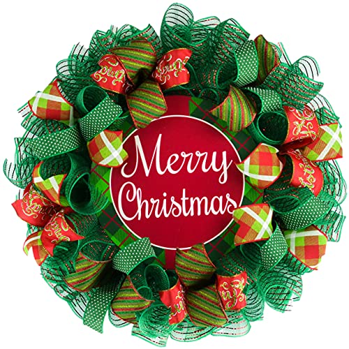 Merry Christmas Wreath – Holiday Front Door Porch Decor – Red Lime Emerald Green – Gift for Mom