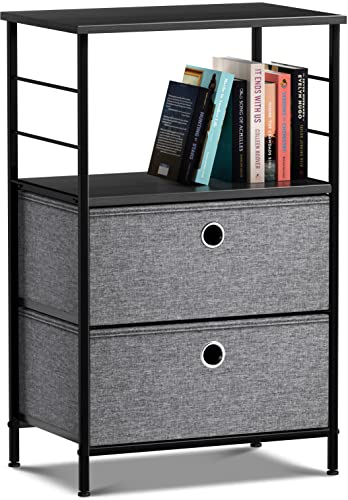 Sorbus Nightstand 2-Drawer Shelf Storage – Bedside Furniture & Accent End Table Chest for Home, Bedroom, Office, College Dorm, Steel Frame, Wood Top, Easy Pull Fabric Bins (Black/Charcoal)