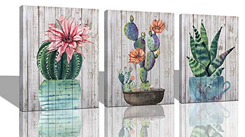 Arjun Cactus Wall Art Canvas Cacti Pictures Green Plants Painting, Pink Flowers Botanical Tropical Succulent Artwork Framed for Bedroom Bathroom Living Room Kitchen Home Office Decor, 12″x16″x3 Panels