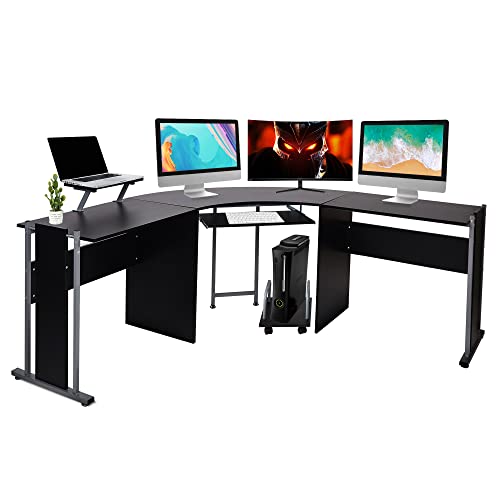 LUCKYERMORE 71″ L-Shaped Gaming Desk -Large Desktop 22” Wide Wood Curved Corner Desk -Sturdy Computer Desks PC Laptop Table Workstation for Home Office, Black