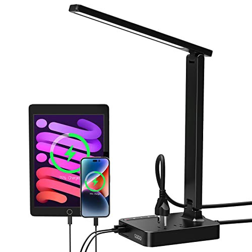 COZOO LED Desk Lamp with 2 USB Charging Ports and 2 AC Outlets,3 Color Temperatures & 3 Brightness Levels, Touch/Memory/Timer Function,10W Eye Protection Foldable Reading Light,Lamp Supply for Student