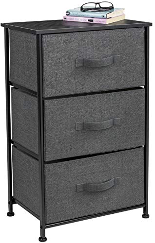 Sorbus Nightstand with 3 Drawers – Bedside Furniture & Accent End Table Storage Tower for Home, Bedroom Accessories, Office, College Dorm, Steel Frame, Wood Top, Easy Pull Fabric Bins (Black/Charcoal)
