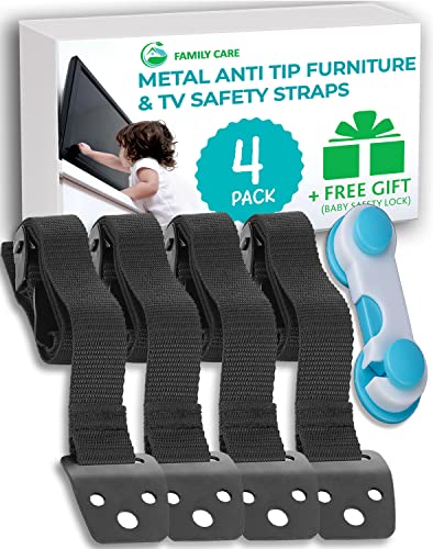 Family Care Metal Anti Tip Furniture Straps/TV Safety Straps (4 Pack+Gift) Kit -Secure 400lb- Earthquake Straps for Bookcases – Furniture Wall Anchors for Baby Proofing – Anti Tip Furniture Anchors