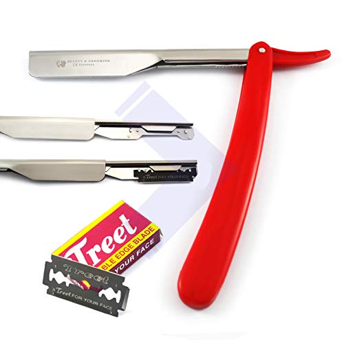 Red Plastic Handle Barber Hair Shaving Razor Straight Edge Folding Knife Men Cut Throat + 10 Blades