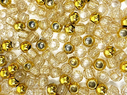 Crispy Collection Assorted Color Design Plastic Beads 10×08 mm for Braid Hair for Girls (Gold Clear Glitter)