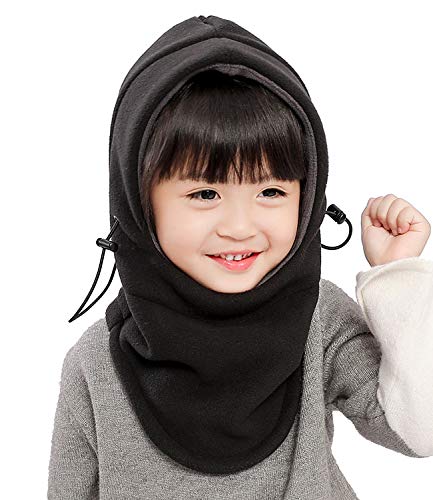 Kids Winter Windproof Cap,Children’s Double Warm Balaclava Face Mask for Cold Weather,Neck Warmer,Adjustable Full Face Cover Hat for Boys Girls,Perfect for Skiing,Cycling(Black+Grey)