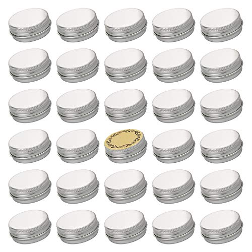 Screw Top Aluminum Tin Jar with Screw Lid and Blank Labels (0.5 Ounce – Pack of 32, Silver)