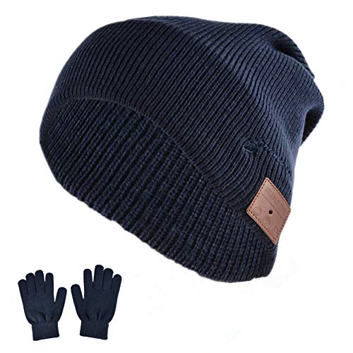 HaetFire Wireless Music Beanie Hat with Bluetooth Headphones Earphone Winter Warm Knit Running Cap Speakers Mic for Men Women Outdoor Fitness (Navy Blue)