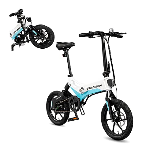 Swagtron Swagcycle EB-7 Elite Folding Electric Bike with Removable Battery and Rear Suspension, Blue/White, 16″ Wheels