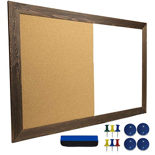 Excello Global Products Dry Erase Cork Board Combo: Magnetic White Board with Cork Bulletin & Rustic Wooden Frame for Home, School, Office – 24″x36″