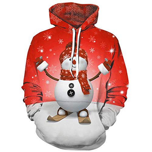 Carprinass Unisex Snowman Hoodie Sweatshirt Christmas Pocketed Top Pullover Red M