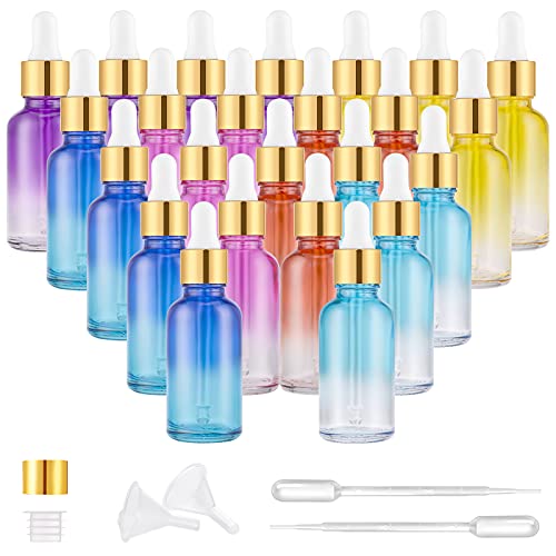 PrettyCare Eye Dropper Bottles 1oz (Rainbow Colored Glass Bottle 24 Pack 30ml with Golden Caps, 48 Labels, Funnel & Measured Pipettes) Empty Tincture Bottles for Essential Oils, Perfume