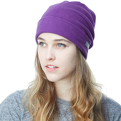 The Hat Depot Fleece Winter Beanie Hat Cold Weather Reflective Safety for Men & Women Performance Stretch (Purple)