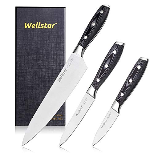 WELLSTAR Kitchen Knife Set 3 Piece, Razor Sharp German Steel Forged Blade with Professional G10 Handle, Chef Utility Paring Knife Well Balanced Cutlery Set for Cutting Chopping and Dicing – Gift Box