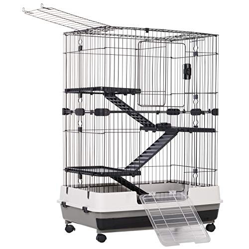 PawHut 43″ H Small Animal Cage, 4-Level Bunny Cage with Rolling Stand, Chinchilla Cage with Doors, Slide-Out Tray, Black