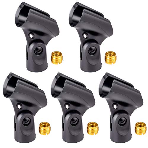 Universal Microphone Clip Holder with Nut Adapters 5/8″ to 3/8″, 5 Pack, Black