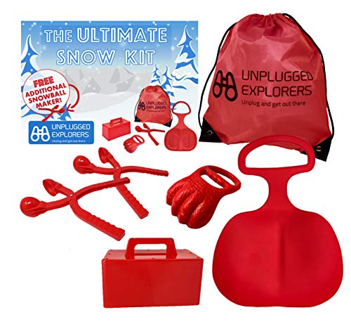 Unplugged Explorers 6 pc. Ultimate Snow Toys kit, Winter Sports- 1 Red Sled, Snow Brick Maker, Snow Digger & Snow Mold, 2 Snowball Makers (1 Free) 1 Winter Toys Storage Pack