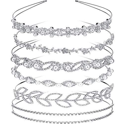 Tatuo 6 Pieces Bride Bridesmaids Crystal Flower and Leaves Crown Headband and Women’s Girl’s Faux Pearl Rhinestones Headdress for Wedding Party (Style 1) Silver