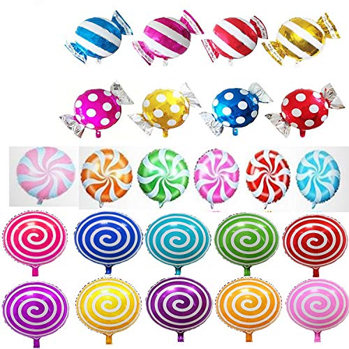 24pcs Sweet Candy Balloons for Birthday Wedding Parties, Including 16pcs Round Lollipop Balloons and 8pcs Candy Lollipop Balloons Aluminum Balloons.