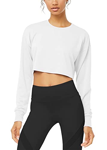 Bestisun Cropped Long Sleeve Tops for Women Crop Sweatshirt Long Sleeve Crop Top White M