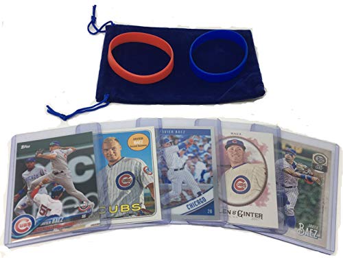 Javier Baez Baseball Cards (5) ASSORTED Chicago Cubs Trading Card and Wristbands Gift Bundle