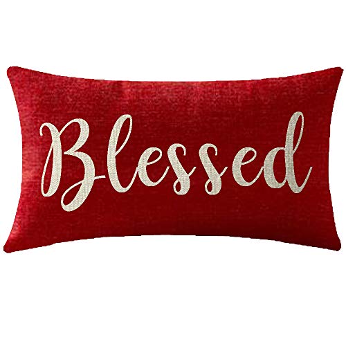 Nice Gift Inspirational Blessed Words Waist Lumbar Red Cotton Linen Throw Pillow Case Cushion Cover for Sofa Home Christmas Decorative Oblong 12×20 Inches