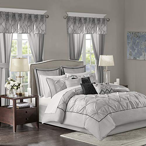 Madison Park Essentials Room in a Bag Faux Silk Comforter Set – Luxe Diamond Tufting All Season Bedding, Matching Curtains, Decorative Pillows, Grey King(104″x92″) 24 Piece