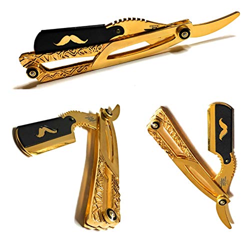 Gold Dipped Straight Edge Razor – Barber Shaving Double Edge Blade Cut Throat Folding Knife for Professional Salons Barbershops – All Purpose Shaver