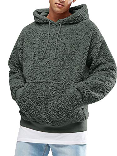 Runcati Mens Fuzzy Hoodie Sherpa Sweatshirts Pullover Long Sleeve Kangaroo Pockets Fall Outwear Winter Hooded