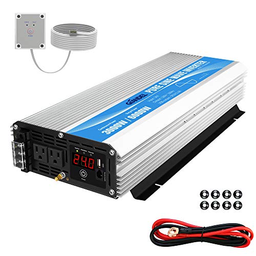 24V Pure Sine Wave Power Inverter 3000Watt DC 24V to AC120V with Dual AC Outlets with Remote Control 2.4A USB and LED Display