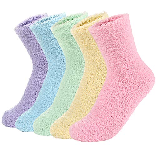 Zando Women’s Winter Fuzzy Warm Crew Sock Microfiber Cozy Sleeping Plush Socks Thick Fluffy Slipper Sock Casual Super Soft Home Sock 5 Pairs Rainbow Solid One Size