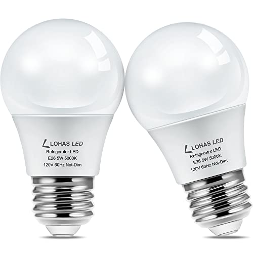 LOHAS Refrigerator Light Bulb, 40W Equivalent 120V A15 Fridge Waterproof Bulbs, 5W E26 Medium Base Daylight White 5000K for Freezer Home Kitchen Lighting, Non-dimmable, 2 Pack