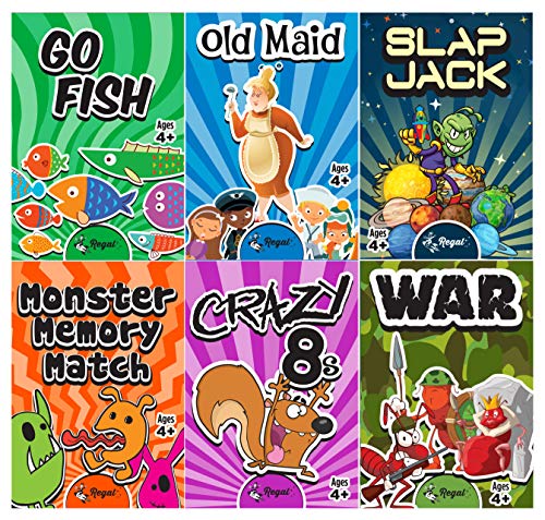 Regal Games – Kids Classic Card Games – Includes Old Maid, Go Fish, Slapjack, Crazy 8’s, War, and Silly Monster Memory Match- for Family Game Nights, Parties – Set of 6 Games