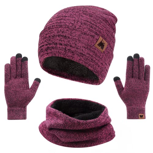 mysuntown Beanie Hat for Women, Rose Red Scarf and Gloves Sets, 3-Piece Winter Hat, Touchscreen Gloves and Beanie Neck Warmer