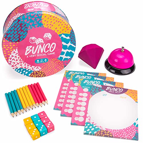 Bunco: A Very Social Game – 12-Player Party Dice Game Includes Dice, Scorecards, Pencils, Bell, & Squishy Traveling Jewel – Family Game Night Board Games, Party Supplies, & Fun Activities