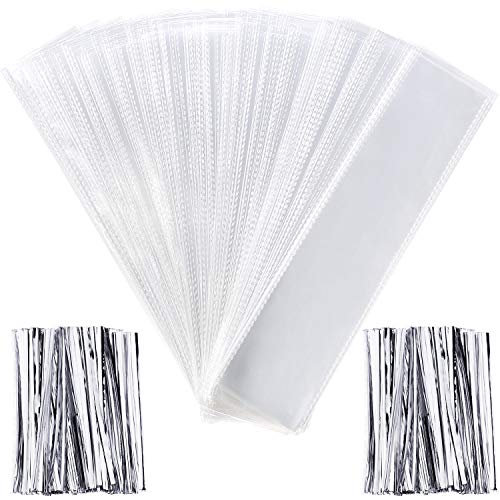 Pangda 200 Pieces Clear Cello Bags Plastic Treat Bags Rectangle Transparent Bags for Chocolate Candies Pretzel Cookies with 200 Pieces Twist Ties (Silver Ties)