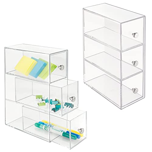 mDesign Plastic Stackable Desktop Organizer Tower Storage Station with 3 Drawers for Home Office – Holds Pens, Sticky Notes, Binder Clips, Notepads, Gel Pens, or Erasers – 2 Pack – Clear