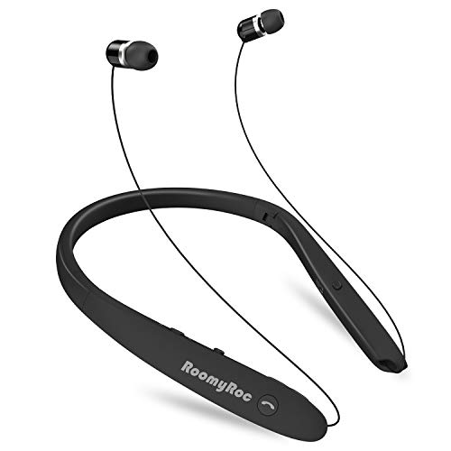 RoomyRoc Bluetooth Headphones, Wireless Neckband Headset Evoking Siri & Bixby with Retractable Earbuds, Sports Sweat-Proof Noise Cancelling Foldable Stereo Earphones with Mic (Black)