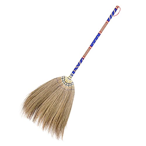 Natural Grass Thai Broom Vintage Retro Embroidered Woven Nylon, Handmade Broom, Housewarming Gift, Witch Broom, Broomstick Bamboo Stick Handle, Kong Grass Broom, Durable Broom for Indoor & Outdoor