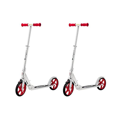 Razor A5 Lux Kids Folding Portable Aluminum Kick Push Scooter with Adjustable Handle and Rear Fender Brake for Ages 8 and Up, Silver/Red (2 Pack)