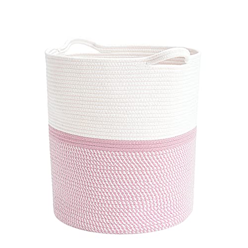 INDRESSME Cotton Basket 16.2 x 14.2 x 13.4 inches Woven Hamper Pink Girl Basket for Gift Toy Blanket Corner Basket in living Room