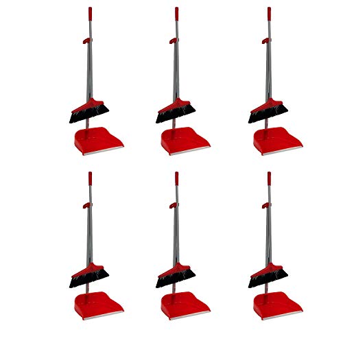 6 PACK – Standing Upright Long Handle Brush Broom Set – Home Industry Office Lobby Floor Sweeping Janitorial Cleaning Industrial Commercial Kitchen (Broom, 6 pack)