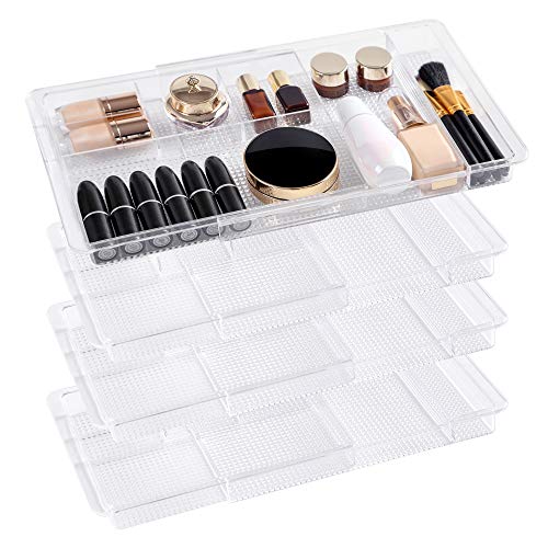 Oubonun Expandable Drawer Organizer 11.1” to 19.2” Width, Shallow Cosmetic Organizer 1.3” Height, 4 Packs, Clear Plastic Storage Trays with 7 Compartments for Dressing Table,Bathroom,and Office Desk.