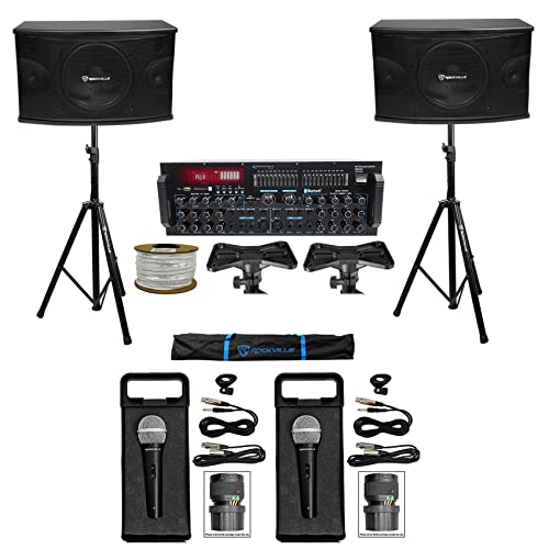 Rockville Karaoke Machine System w/ Pair 10″ Speakers+Bluetooth Mixer Amp+Mics