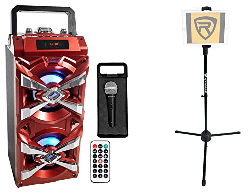 NYC ACOUSTICS X-Tower Dual 4″ Bluetooth Speaker w/Sound Activated LED’s w/Remote Bundle with Rockville IPS20 Tablet/Phone Tripod Stand & Rockville RMC-XLR Wired Microphone (3 Items)