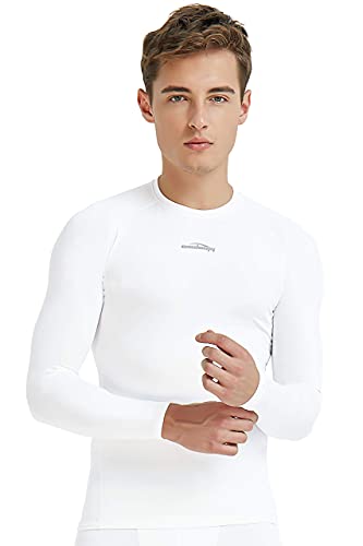 COOLOMG Men’s Thermal Fleece Lined Shirts Compression Baselayer Long Sleeved Tops White, M